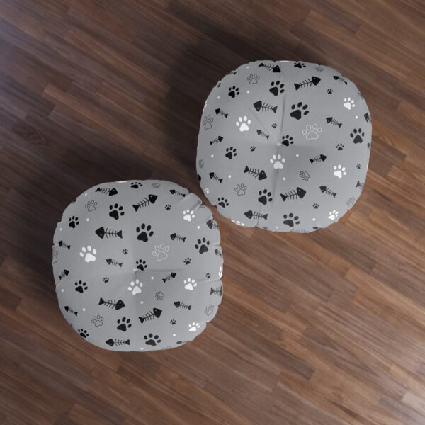 Pet Lover's Tufted Round Floor Pillow - Paw Prints & Fish Design - Image 3