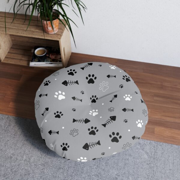 Pet Lover's Tufted Round Floor Pillow - Paw Prints & Fish Design - Image 4