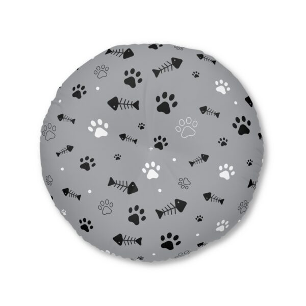 Pet Lover's Tufted Round Floor Pillow - Paw Prints & Fish Design