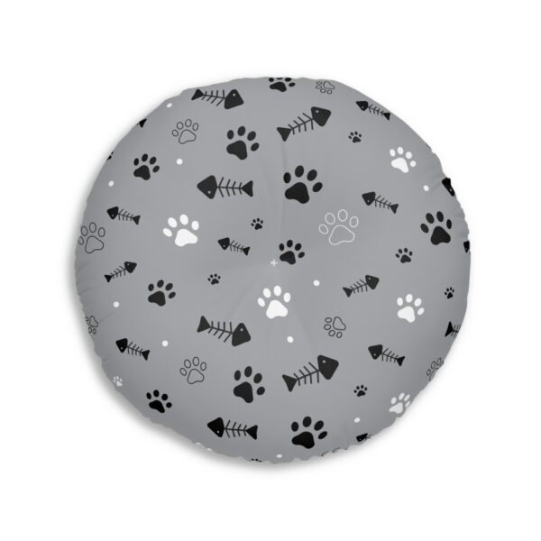 Pet Lover's Tufted Round Floor Pillow - Paw Prints & Fish Design - Image 2